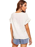 Romwe Women's Short Sleeve Ruffle Trim Contrast Lace Cotton Summer Blouse Top White L