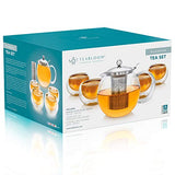 Teabloom Stovetop Safe Glass Teapot with Removable Infuser (40oz/1200ml) and Four Double Walled Glass Cups (5oz/150ml) - Classica Tea Set