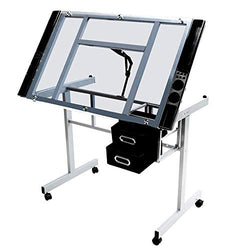 Topeakmart Glass Drafting Table Rolling Drawing Desk Artists Art Craft Desk w/2 Slide Drawers and Wheels for Home Office School