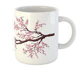 Ambesonne Japanese Mug, Branch of a Flourishing Sakura Tree Flowers Cherry Blossoms Spring Theme Art, Ceramic Coffee Mug Cup for Water Tea Drinks, 11 oz, Pink Brown