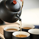 Black Glazed Tea Set, Ceramic Tea Cup Set with Double Bamboo Tray and Teapot Warmer, Special Clay Texture