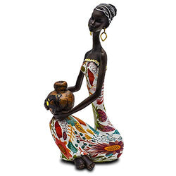 Statue African Figurine Sculpture Colorful Dress Sitting Down Holding Vase Lady Figurine Statue Decor Collectible Art Piece 12" Inches Tall - Flower Dress Tropical -Body Sculptures Decorative