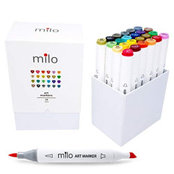 MILO 24 Art Marker Set Dual Tip Artist Markers | Brush Tip and Chisel Tip | Alcohol Based Coloring Markers | includes Marker Storage Box