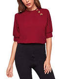 Romwe Women's Puff Sleeve Casual Solid Top Buttons Side Blouse Shirt Red XL