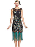 MISSCHEN Women's Fashion 1920S Vintage Peacock Sequin Gatsby Fringed Flapper Dress YLS019 M Black with Green Fringe