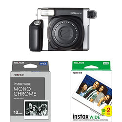 Fujifilm Instax Wide 300 Instant Film Camera (Black) & Instax Wide Monochrome Film - 10 Exposures & Instax Wide Film Twin Pack - 20 Exposures