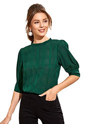 Romwe Women's Elegant Plaid Puff Half Sleeve Mock Neck Cotton Summer Blouse Tops Shirts Green X-Large