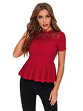 Romwe Women's Lace Mesh Round Neck Pleated Elegant Slim Fit Peplum Top Shirt Blouse Red#1 X-Large