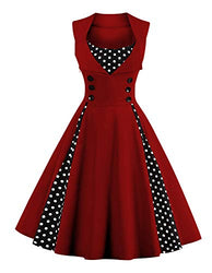 KILLREAL Women's Vintage Polka Dot Print A-Line Sleeveless Cocktail Party Casual Dress Wine Red Large