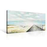 Coastal Canvas Art Path to The Sea Relaxing Seascape Handmade Boat Oil Painting Framed Picture Wall Decoration for Home 40x20 inch