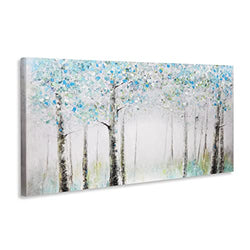 ArtbyHannah 24x48 Inch Birch Canvas Bedroom Paintings Wall Art with Hand Painted Oil Painting on Canvas, Green Blue Tree Forest Wall Decor for Living Room Bedroom Ready to Hang