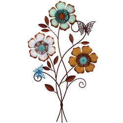 Moxweyeni Tricolor Flower Wall Decor Vintage Metal Wall Art Decor Rustic Hanging Wall Flowers Decorative Metal Floral Art for Home Living Room Bathroom Indoor Outdoor Decors, 15 x 9.1 Inch (1)