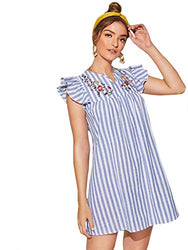 Romwe Women's V Neck Striped Floral Ruffle Embroidery Cotton Summer Boho Dress Top Blue XS