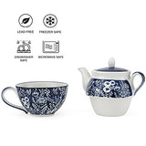 Taimei Teatime Ceramic Blue Tea Set in British Rural Style with Handpainted Floral Pattern, 15 fl.oz Teapot with Infuser and Tea Cup Set, Tea for One Set Gift for Women