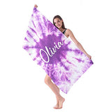 Personalized Beach Towels Mat with Name Custom Purple Tie Dye Quick Dry Absorbent Sand Prool Microfiber Pool Bath Towel for Kids Girls Boys Adults 30 X 60 inch Blanket Tapestry