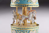Keren Kopal Teal Musical Carousel with White Royal Horses Wind up Music Box Faberge Style Unique Handmade Musical Gift Idea