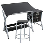 HomGarden Adjustable Drawing Desk Drafting Table Folding Art Craft Table Station w/Stool and 3 Storage Drawers