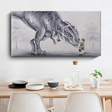 Libaoge Hand Painted Two Lovely Baby Boy Touching Trex Dinosaur in The Forest Oil Painting on Canvas with Wood Frame, Modern Home Wall Decoration Artwork Ready to Hang(16x31.5 inch)