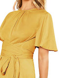 Romwe Women's Self Tie Wist Short Sleeve Casual Chiffon Blouse Tops Yellow Large