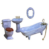 F Fityle Dollhouse Bathroom Furniture Set- 1:12 Scale Ceramic Bathroom Set with Dollhouse Toilet, Dollhouse Mirror, Dollhouse Sink and Dollhouse Bathtub - Blue Grey