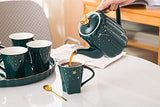 Tea Cup Sets,DERUI CREATION Porcelain Tea Sets with Gold Trim and Gift Box,6.7 oz Coffee Cups with Teapot,Afternoon Teapot Set Service Set of 6 (Porcelain Tea Sets, Dark Green)