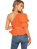 Romwe Women's One Shoulder Short Puff Sleeve Self Belted Solid Blouse Top Orange X-Large