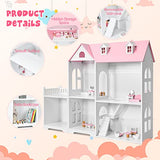 Costzon Kids Wooden Dollhouse, 2-in-1 Cottage Dollhouse Bookcase w/ 5 Rooms and Hidden Storage, 2 Tiers Pretend Toy Set w/ 14 PCS Furniture for Toddlers Playroom, Nursery, Gift for Girls & Boys (Pink)