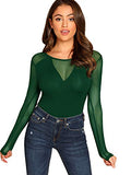 Romwe Women's Sheer Mesh Slim Fit Top Long Sleeve See Through Tee Blouse (X-Large, Green)