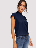 Romwe Women's Elegant Short Sleeve Mock Neck Workwear Blouse Top Shirts Navy L