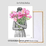 Fashion Art Print Girl Holding Flowers Wall Art Fashion Woman Flower in her hand Fashion Wall Art Fashion Wall Deco of Watercolor Painting-Matte Paper Print & Stretched Canvas Print