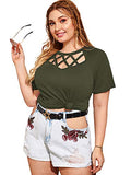 Romwe Women's Plus Size Short Sleeve Cut Out Slim Blouse Pullover Army Green 4X