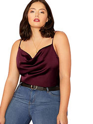 Romwe Women's Plus Size Draped Neck Casual Spaghetti Strap Satin Cami Tank Top Burgundy 1X Plus