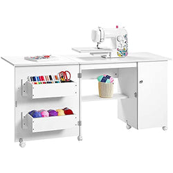 Kealive Folding Sewing Table, Sewing Craft Cart Wood Sewing Desk with Storage Shelves and Lockable Casters, Sewing Cabinets with Storage Cabinet 63.2 x 19 x 29 Inch White