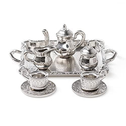 Odoria 1/12 Miniature Metal Tea Cup Sets Teapot Set 8Pcs Dollhouse Decoration Accessories, Silver