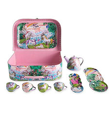 HearthSong 15-Piece Fantasy-Themed Decorative Tin Tea Set, Includes Teapot, 4 Plates, 4 Cups, 4 Saucers, Serving Tray, and Carrying Case