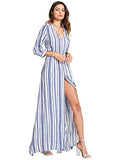 Milumia Women's Stripe V Neck Half Sleeve Split Button Up Party Maxi Dress Blue X-Small