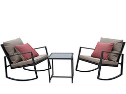 Kozyard Moana Outdoor 3-Piece Rocking Wicker Bistro Set, Two Chairs and One Glass Coffee Table, Black Wicker Furniture(Taupe Cushion+Red Stripe Pillow)