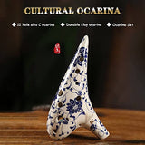 12 Hole Alto C Ocarina with Protective Bag, Hand Painted Blue and White Porcelain Musical Instrument, Porcelain clay Collectible with Neck Strap, Gift Idea For Beginner Musician, Easy to Learn