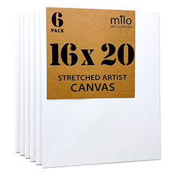 MILO | 16x20" Stretched Artist Canvas Value Pack of 6 | Primed Cotton Large Art Canvas Set for Painting | Ready to Paint Art Supplies | 6 White Blank Canvases