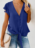 HOTAPEI Women Fashion Summer Casual Deep V Neck Button Down Flutter Short Sleeve Front Tie Tops and Blouses T Shirts 2020 Blue US 16 18
