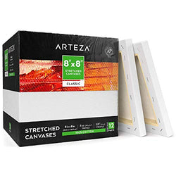 Arteza 8"x8" Stretched White Blank Canvas, Bulk (Pack of 12), Primed 100% Cotton, for Painting, Acrylic Pouring, Oil Paint & Wet Art Media, Canvases for Professional Artist, Hobby Painters & Beginner