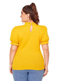 Romwe Women's Plus Size Rib Knit Short Sleeve Frill Trim Mock Neck Blouse Top Tee Yellow 4X