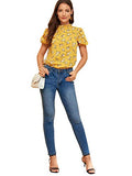 Romwe Women's Floral Print Ruffle Puff Short Sleeve Casual Blouse Tops Yellow #2 Large
