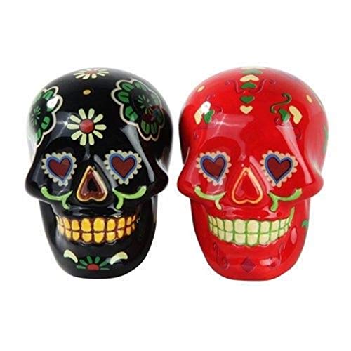 Ky & Co YesKela DOD Skull Black and Red Ceramic Salt and Pepper Shakers Set Day of Dead Figurine