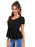 Romwe Women's Casual Short Sleeve V Neck Waffle Knit Ruffle Hem Babydoll Blouse Tops Shirts Black Large