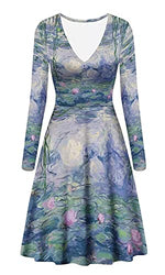 JooMeryer Women's 3D Van Gogh Painting Printed Dress V-Neck Long Sleeve Casual Dresses,Water Lilies,2XL