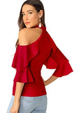 Romwe Women's Cute Cold Shoulder Ruffle Half Sleeve Slim Fit Blouse Tops Red Large