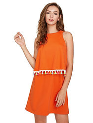 Romwe Womens Round Neck Tassel Trim Sleeveless Mini A-line Dress Orange XS