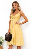 ECOWISH Womens Dress Summer Tie Front V-Neck Spaghetti Strap Button Down A-Line Backless Swing Midi Dress Yellow M