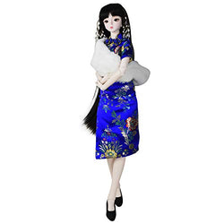 Retro Girl BJD Doll 1/3 25in 19" Ball Jointed Doll Full Set,Cheongsam + Wig + Shoes + Shawl + Makeup (Dark Blue)
